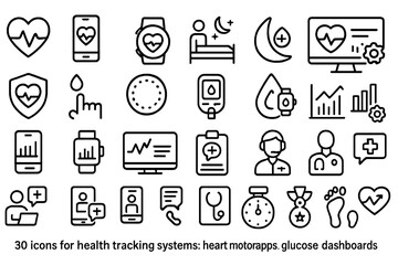 Health tracking system icons designed for mobile apps and dashboards to monitor various health metrics effectively