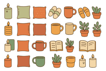 Cozy interior elements arranged creatively in warm colors on a white background