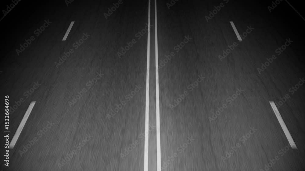 Poster nighttime driving revealing seamless asphalt roadway with white dashed lines rushing underneath dark