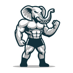 Muscular Elephant standing tall, serious expression, Minimalist simplified Mascot