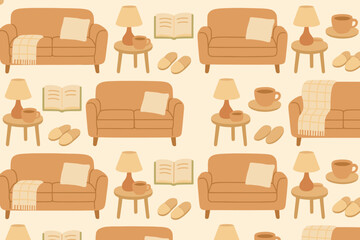 Cozy living room pattern featuring warm colors, soft textures, and inviting furniture for a comfortable atmosphere