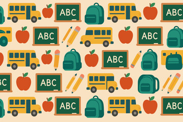 Colorful school-themed illustration featuring apples, chalkboards, backpacks, and buses perfect for educational materials