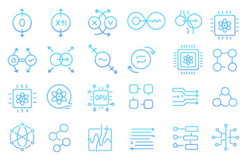 Symbols illustrating quantum computing concepts with varied designs and styles in a modern layout