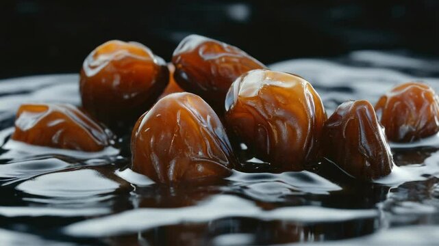 Bunch of ripe dates floating on top of water, creating bubbles and reflection. Fresh fruit concept.