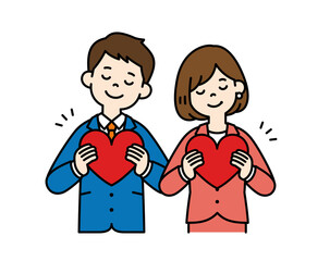 胸にハートを抱える、ビジネスマンのベクターイラスト素材＿男女セット＿カラー