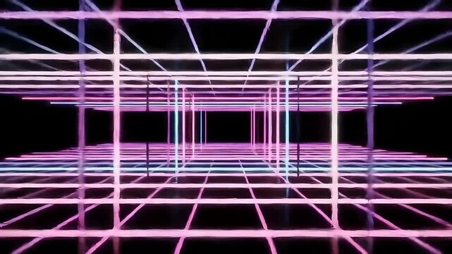 Seamless Abstract Background with Neon Grid Lines in Retro Futuristic Style