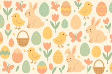 Naklejka premium Colorful spring pattern featuring rabbits, chicks, eggs, and flowers in soft pastel shades
