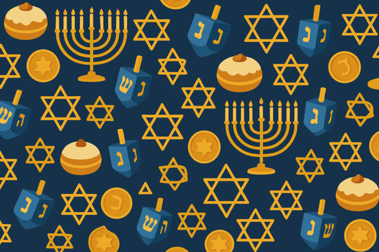 Colorful symbols of Hanukkah featuring dreidels, menorahs, and sufganiyot on a dark background during the winter holiday season