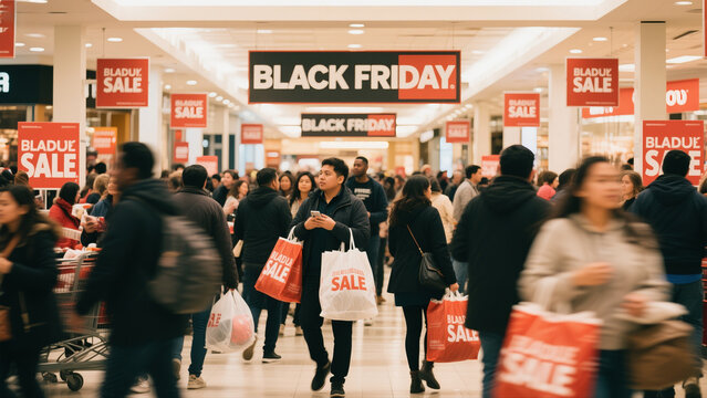 Black Friday shopping crowd in a mall with sale signs, bags in hand