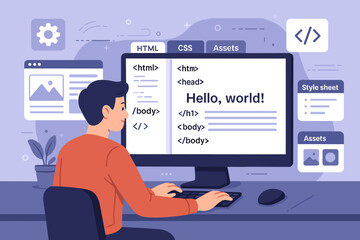 Obraz premium Web developer coding a simple webpage with HTML and CSS in a modern office setting during daylight hours