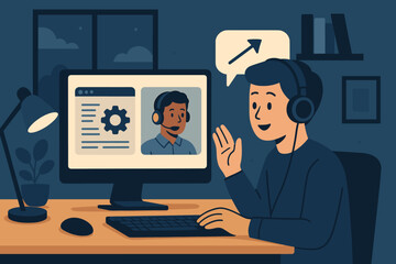 Young man engages in online support conversation while working from home at night