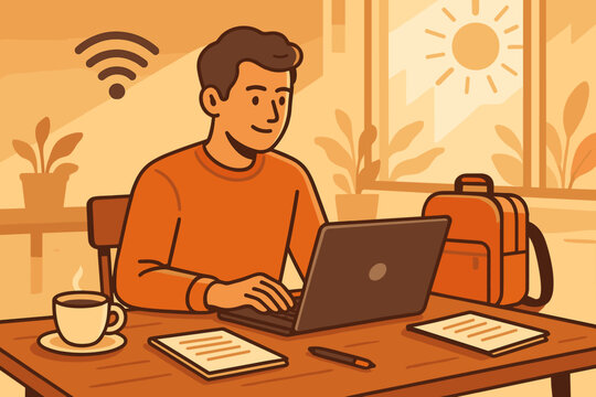 Remote work setup in a cozy room with a man using a laptop while enjoying coffee in the afternoon light