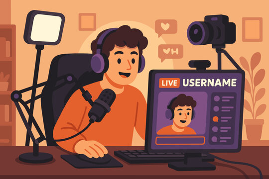 Content creator streaming live from a home studio with a microphone and camera - Powered by Adobe