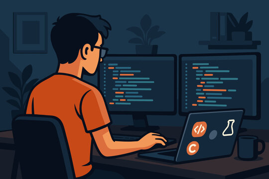 Developer coding at night with dual monitors and laptop