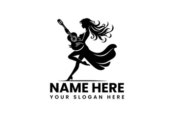 Elegant female guitarist silhouette logo with flowing hair and acoustic guitar vector  