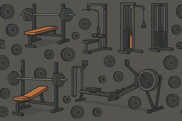 Equipment and weights for strength training in a fitness gym designed for various workout routines