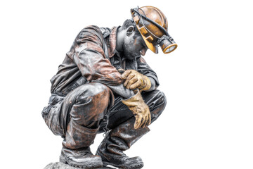 Fototapeta premium Male miner in protective gear squatting on rock with headlamp, cut out