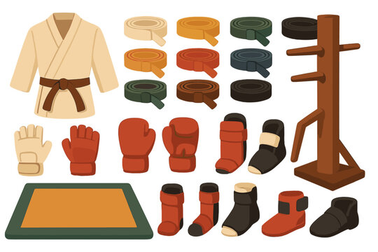 Martial arts belt ranks and sparring gear icon set