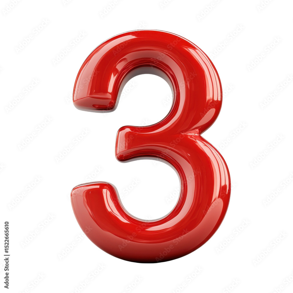 Leinwandbilder red glossy 3d number three render on dark background numeric symbol on transparent background