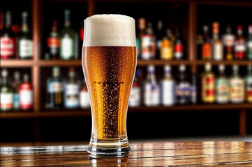 A glass of light beer on the bar counter in a bar. No people.