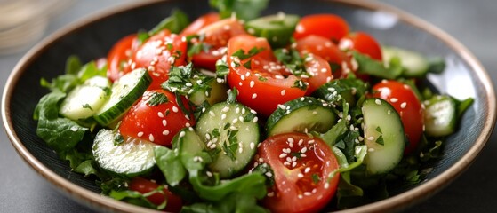 Fresh salad with tomatoes, cucumbers and herbs sprinkled with seeds. Useful for cooking blogs and healthy eating advertisements.