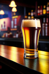 A glass of light beer on the bar counter in a bar. No people.