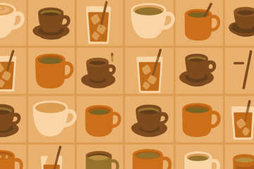 Obraz premium Colorful coffee and tea cups pattern featuring various styles of beverages on a neutral background