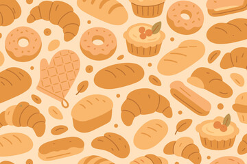 Seamless bakery pattern with bread, croissants, and donuts