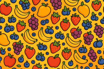 Seamless fruit pattern with bananas, berries, and apples on yellow