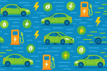 Naklejka premium Pattern of electric cars, charging stations, and eco energy symbols