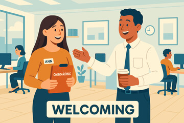 Naklejka premium Office onboarding scene with employee warmly welcoming new hire Ann