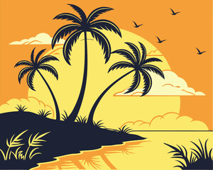 Tropical Island Sunset with Palm Trees and Birds in Silhouette