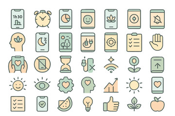 Obraz premium Set of icons focused on health tracking, productivity, and well-being.