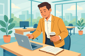 Fototapeta premium Man working with laptop and coffee in bright modern office