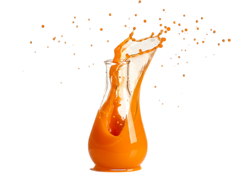 Orange liquid splashing in erlenmeyer flask isolated on transparent background