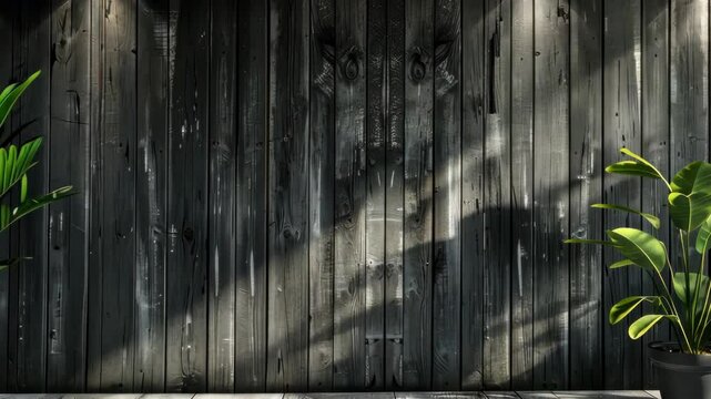 Lush green plants placed in pots complement a dark wooden wall, illuminated by warm lighting that creates a cozy atmosphere
