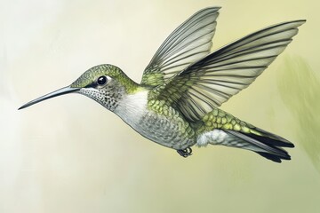 Fototapeta premium Hummingbird Close-Up. Hyperrealistic Illustration of a Small Bird in Nature