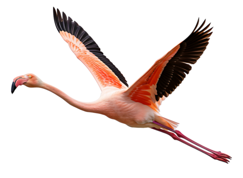 Pink flamingo in flight isolated on transparent background