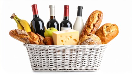 Wine bread cheese fruit basket food gourmet picnic fresh delicious still life
