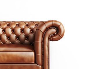 Close up shot of a brown leather chesterfield sofa with tufted cushions and nailhead trim on a white wall