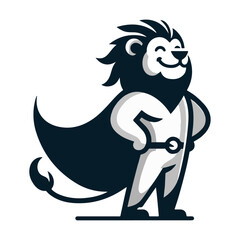 a Proud Lion standing proudly like a superhero, Minimalist simplified Mascot on White Background