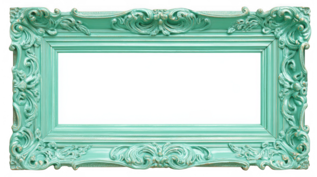 Elegant mint green picture frame with an ornate, rococo design and a transparent background is perfect for displaying artwork, photos, or other images