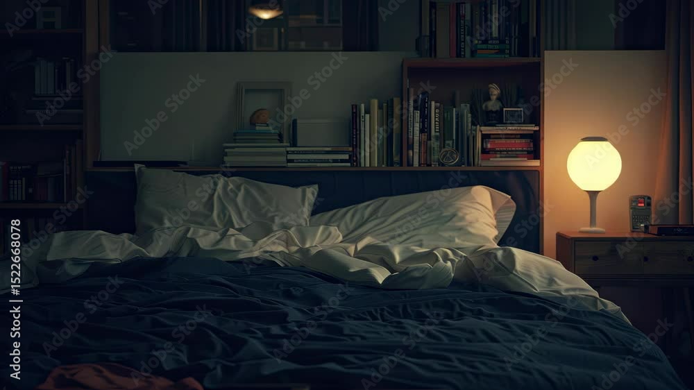 Poster soft linens draped across a bed in a calm room with bookshelves and gentle light creating a relaxing