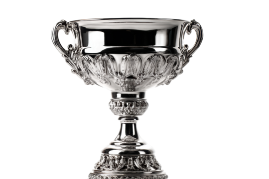 Shiny silver trophy cup with ornate detailing on black background, cut out