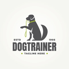 minimalist dog sitting being trained silhouette icon logo vector illustration design. simple modern dog trainer or dog sitter emblem logo concept