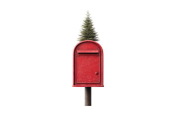 Red mailbox with pine tree on top against black background, cut out