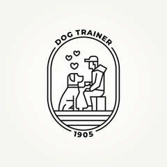minimalist someone training a dog line art badge icon logo vector illustration design. simple modern dog trainer, dog sitter, dog lover emblem logo concept