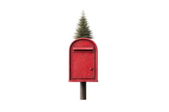 Red mailbox with pine tree on top against black background, cut out