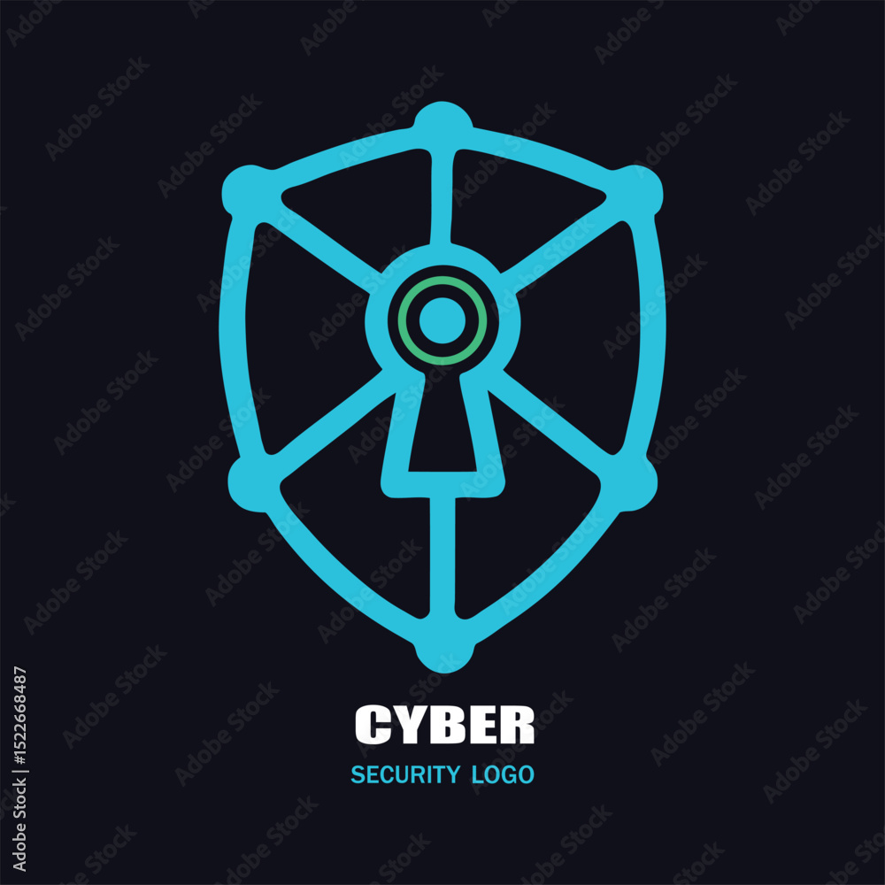 Poster cyber security shield logo design featuring a keyhole network connection and a modern gradient effec