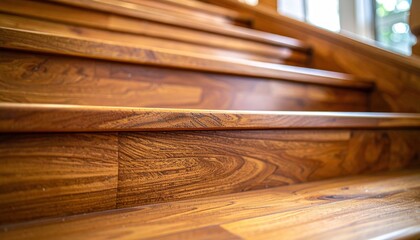 Close-up of shiny, varnished wooden stairs with visible wood grain details and soft, natural lighting
